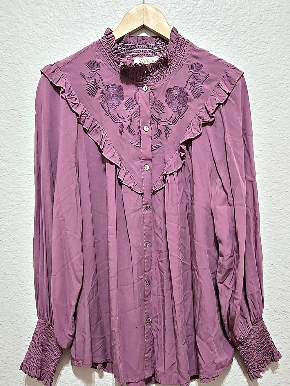 Listicle Embroidered Ruffle Blouse in Purple Size Small Bohemian Cottagecore